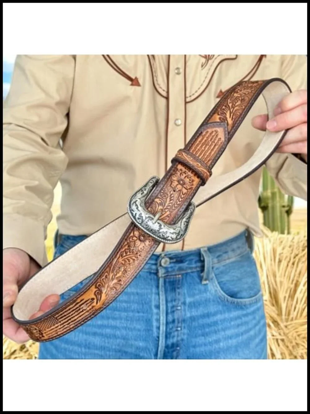 Handmade Full Grain Leather Western Cowboy Belt Interchangeable Buckle